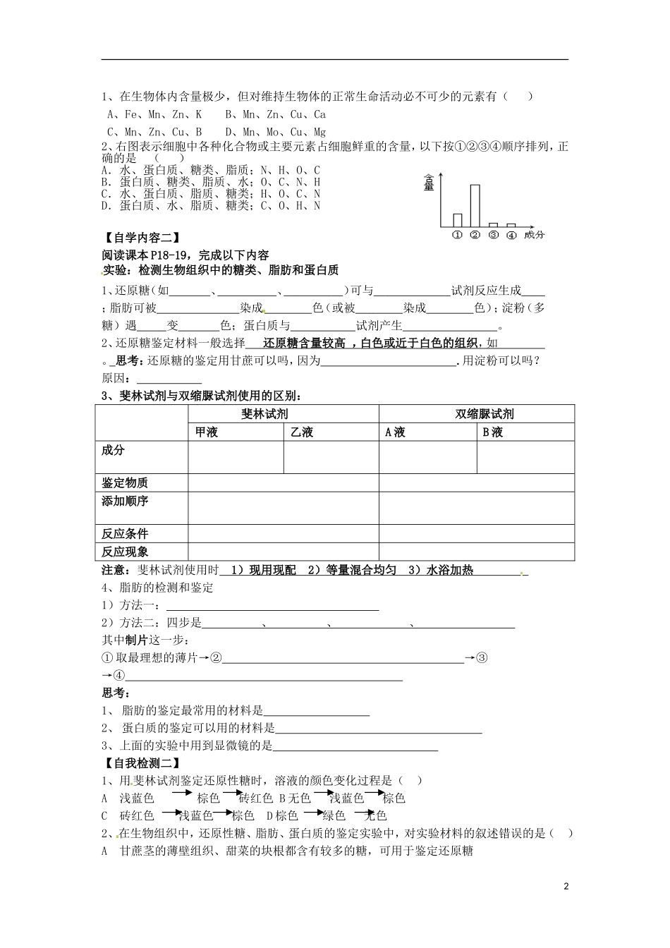 2014年高一生物 第二章 第1节 细胞中的元素和化合物学案 新人教版_第2页