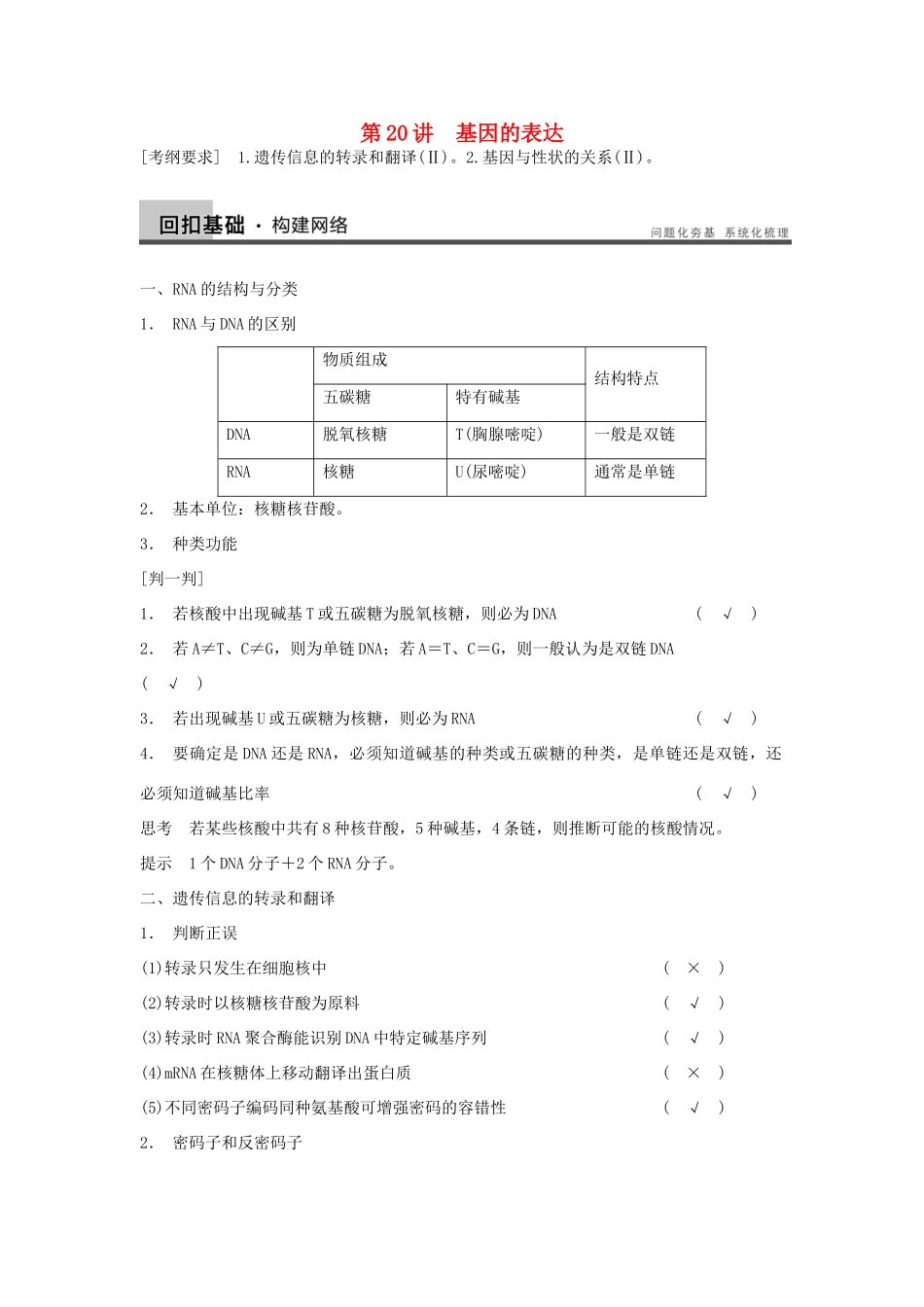 2014届高三生物一轮复习 6.20基因的表达教学案 新人教版_第1页