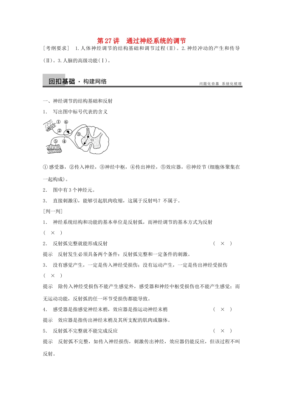 2014届高三生物一轮复习 8.27通过神经系统的调节教学案 新人教版_第1页