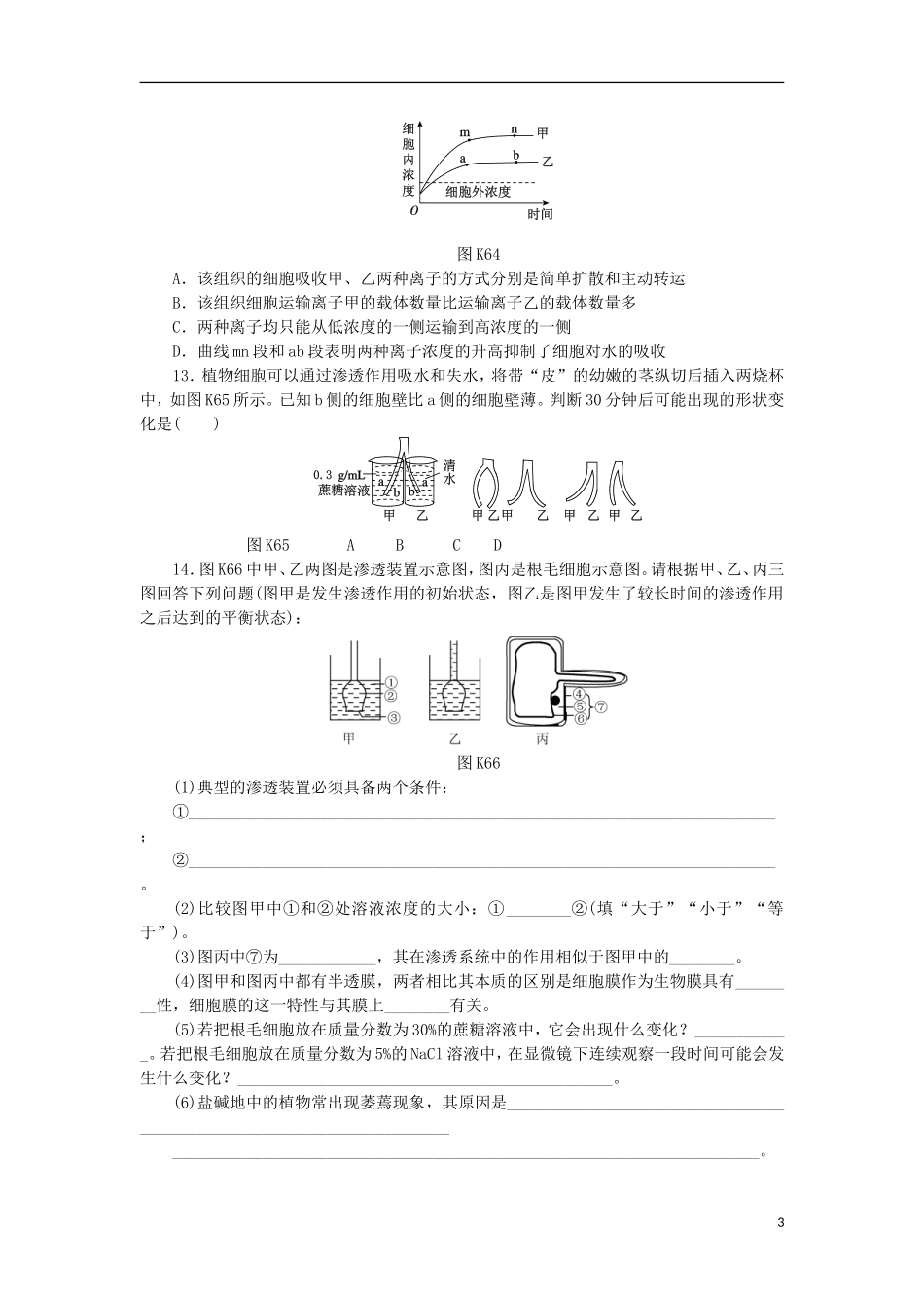 2014届高三生物一轮复习 第6讲 物质出入细胞的方式（含解析）浙科版_第3页