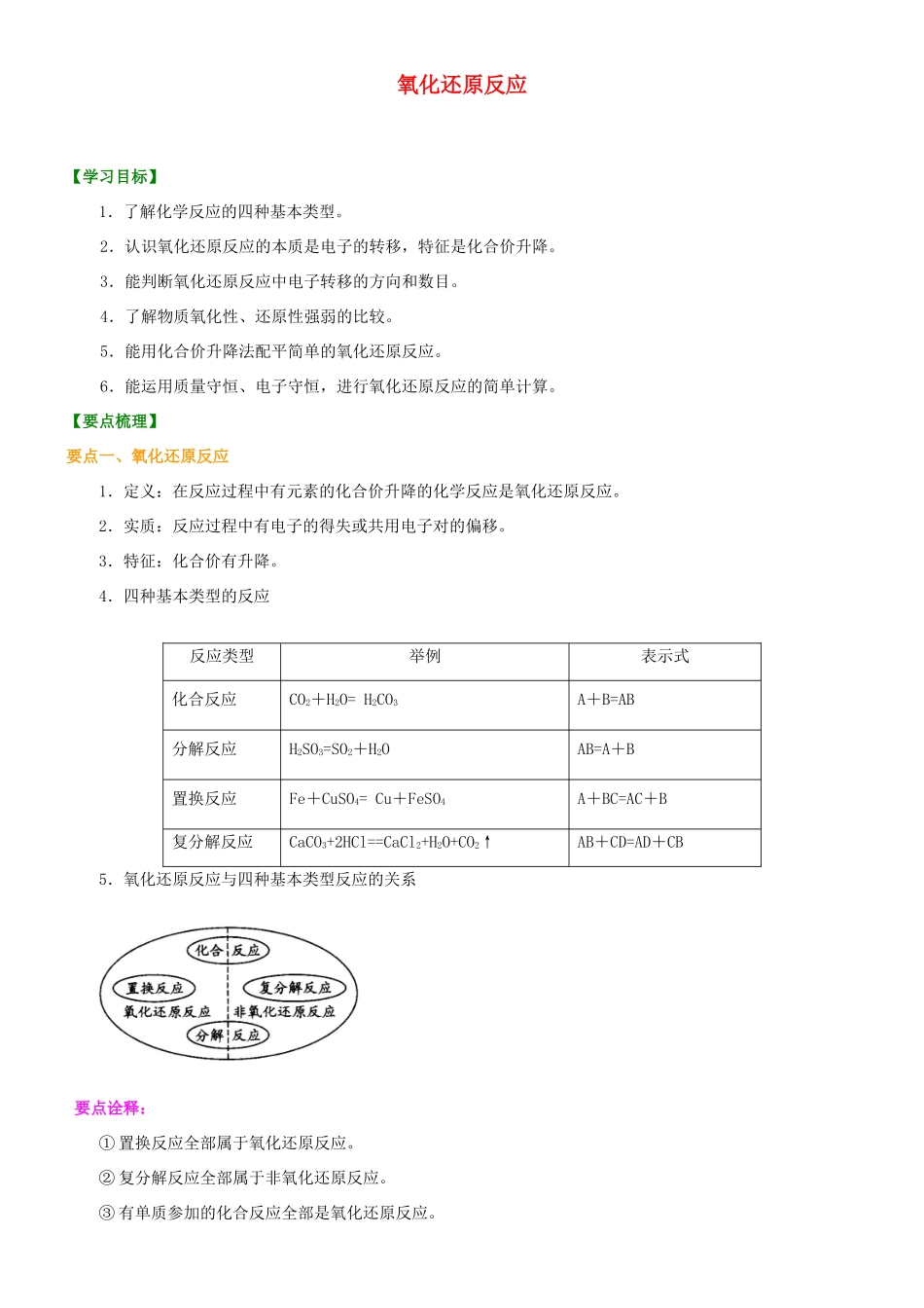 2014年高中化学 氧化还原反应提高知识讲解导学案 新人教版必修1_第1页