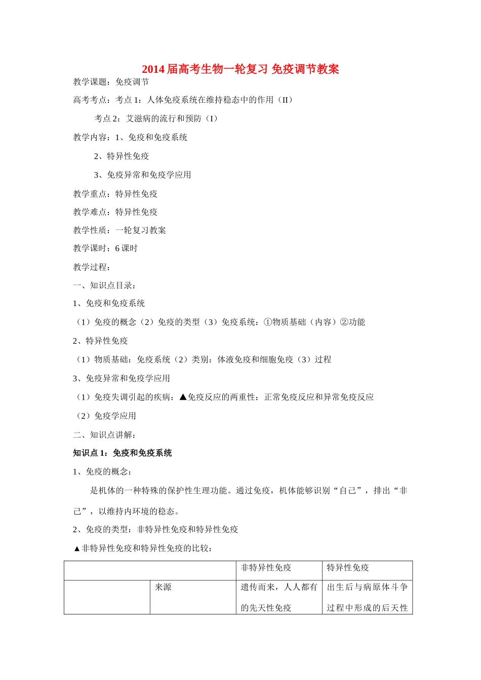2014届高考生物一轮复习 免疫调节教案_第1页