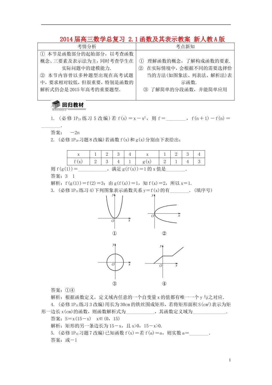 2014届高三数学总复习 2.1函数及其表示教案 新人教A版_第1页