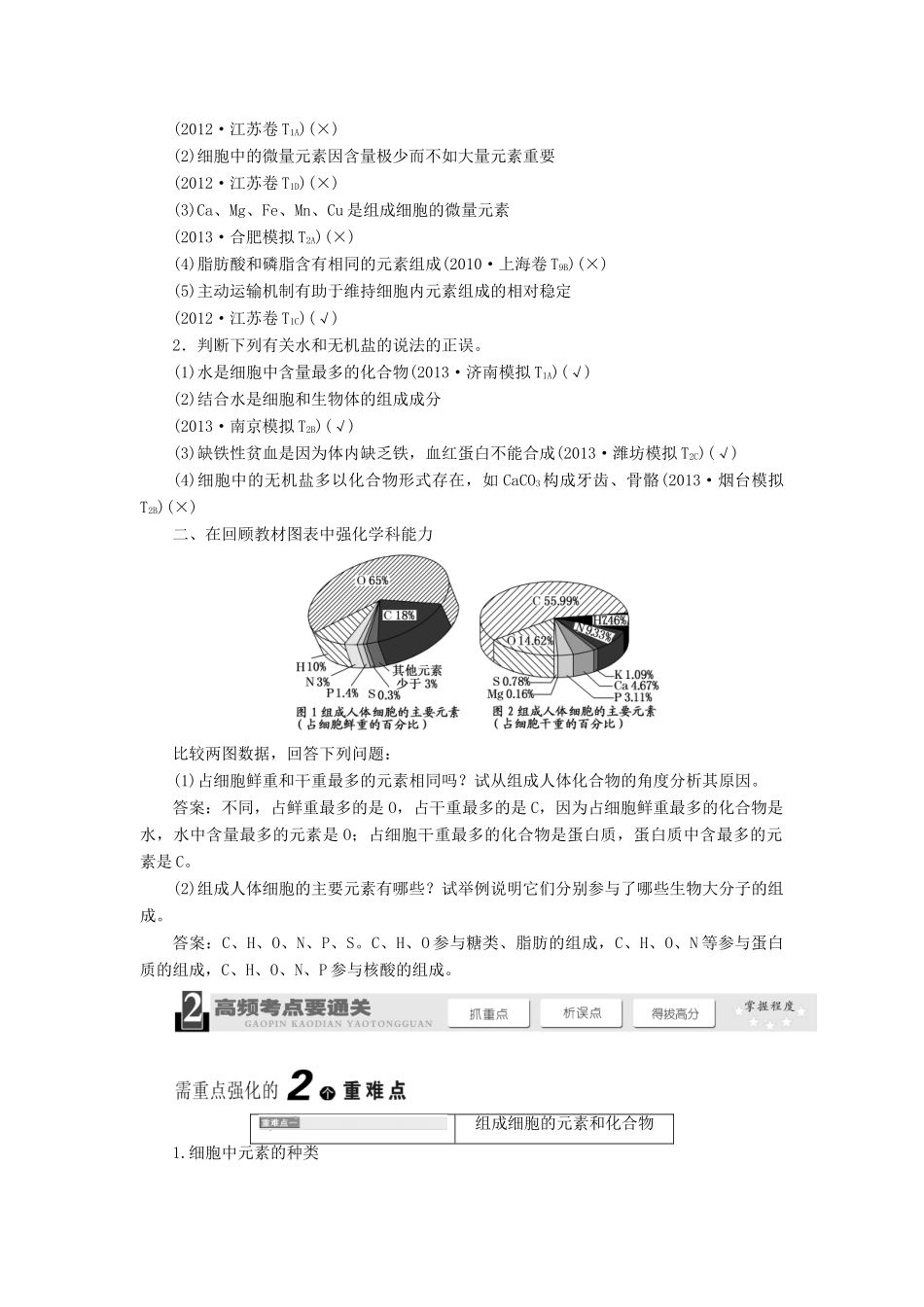 2014届高考生物一轮教师用书 第1单元 第2讲 组成细胞的元素及无机化合物教案 新人教版必修1_第2页