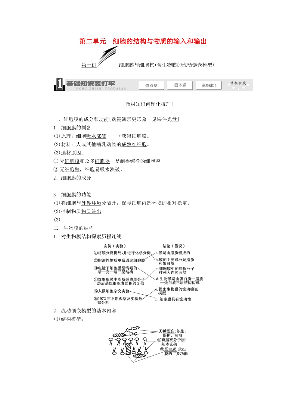 2014届高考生物一轮教师用书 第2单元 第1讲 细胞膜与细胞核（含生物膜的流动镶嵌模型）教案 新人教版必修1_第1页