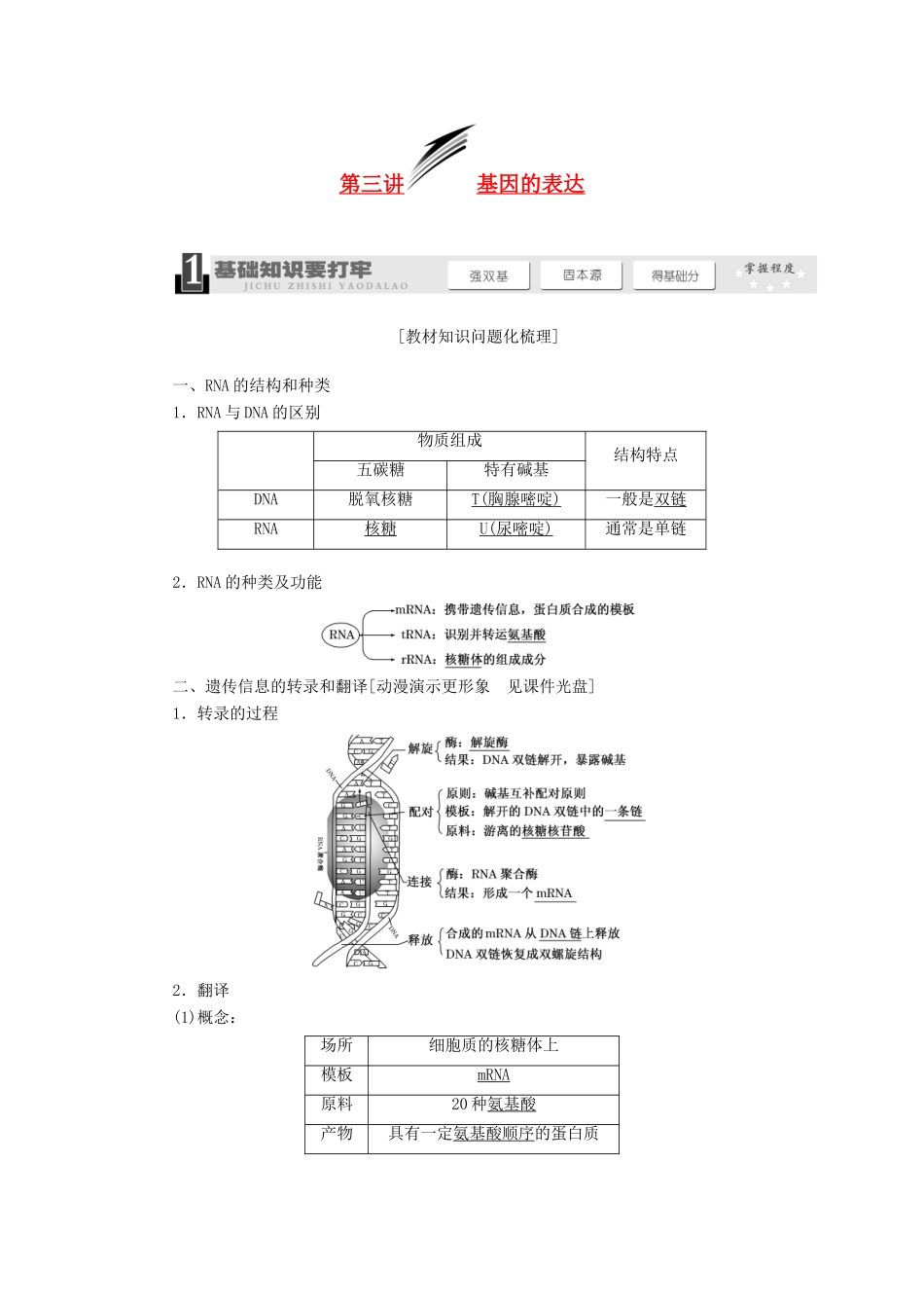 2014届高考生物一轮教师用书 第2单元 第3讲 基因的表达教案 新人教版必修2_第1页