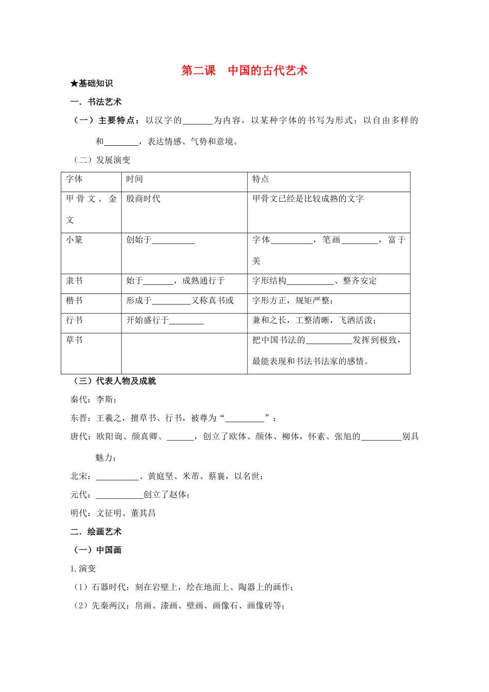 2014届高考历史一轮复习 2.2 中国古代的艺术学案 人民版必修3_第1页