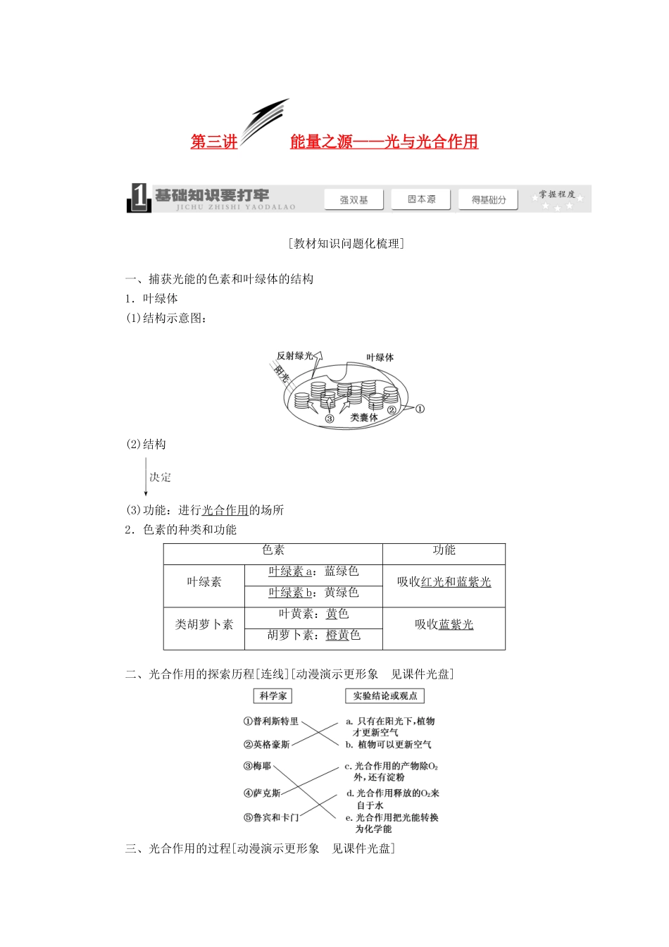 2014届高考生物一轮教师用书 第3单元 第3讲 能量之源 光与光合作用教案 新人教版必修1_第1页