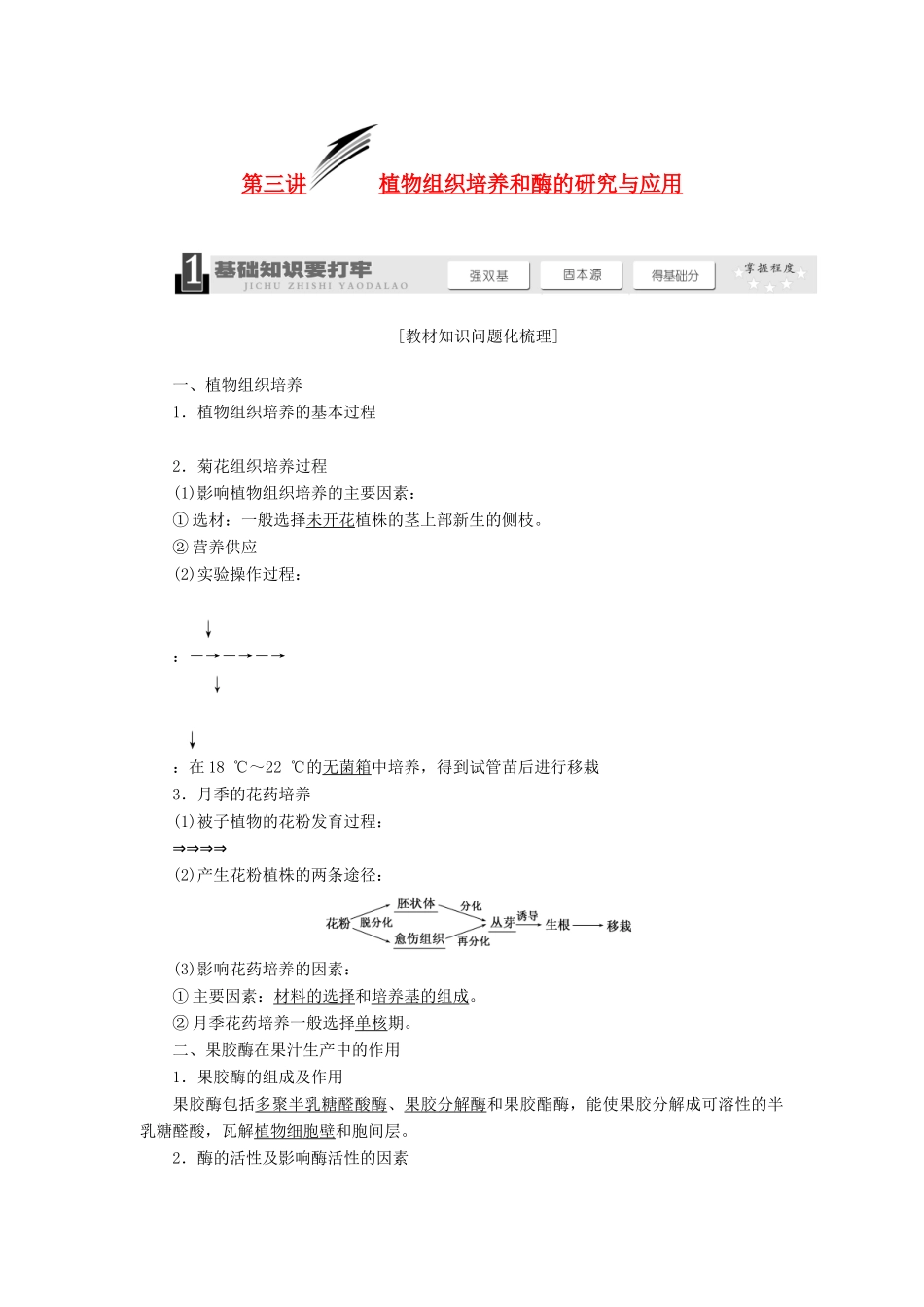 2014届高考生物一轮教师用书 第3讲 植物组织培养和酶的研究与应用教案 新人教版选修1_第1页