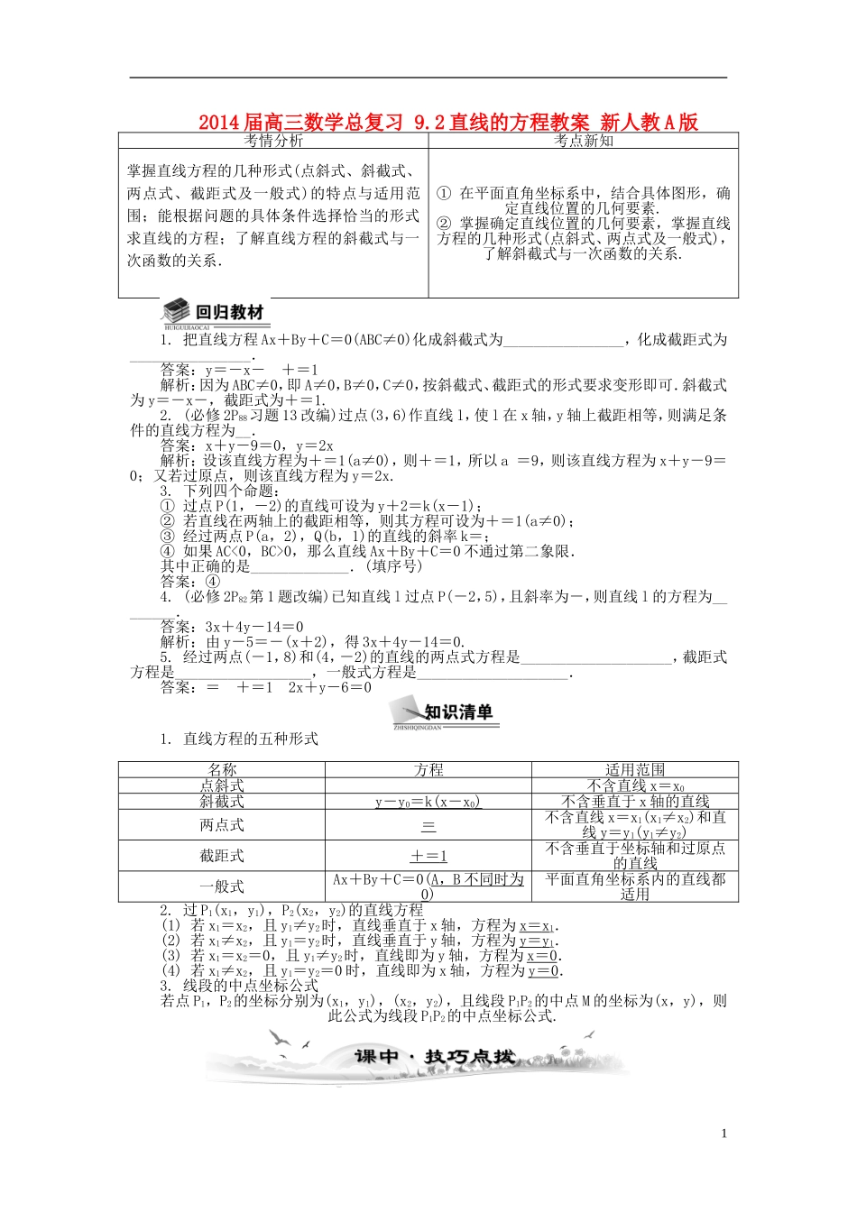 2014届高三数学总复习 9.2直线的方程教案 新人教A版_第1页