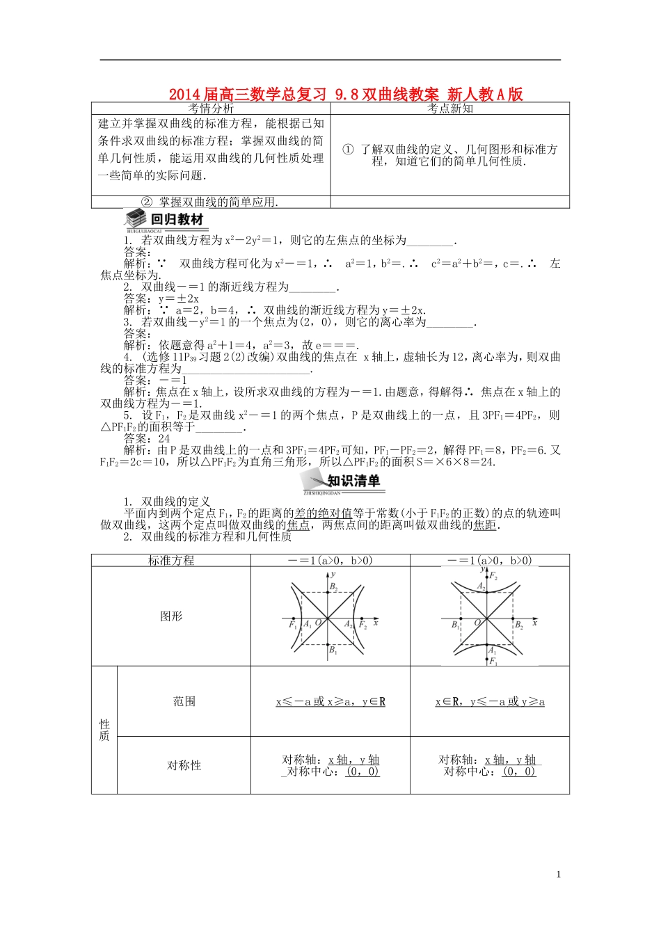 2014届高三数学总复习 9.8双曲线教案 新人教A版_第1页