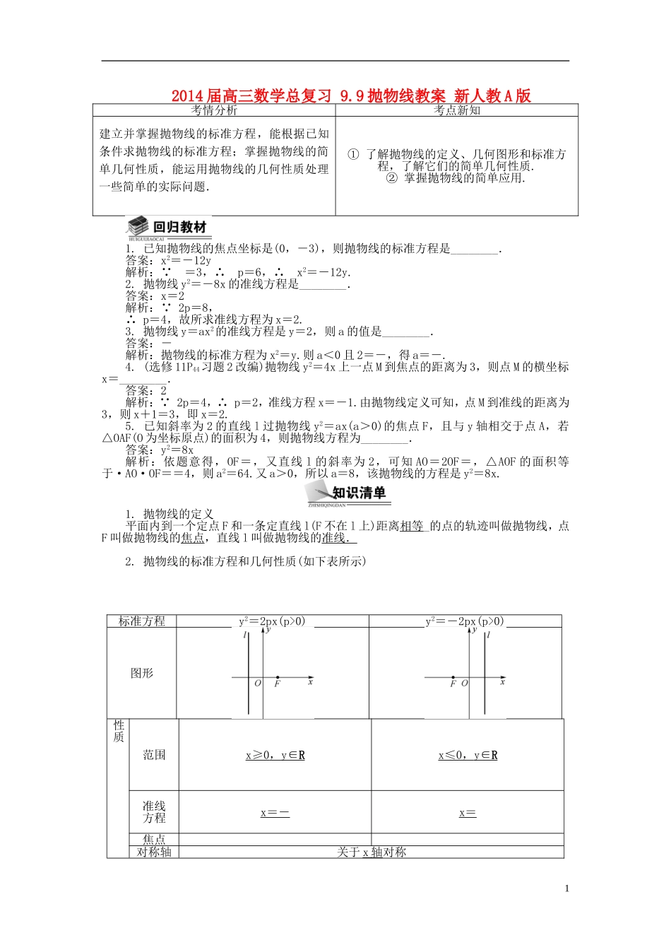 2014届高三数学总复习 9.9抛物线教案 新人教A版_第1页