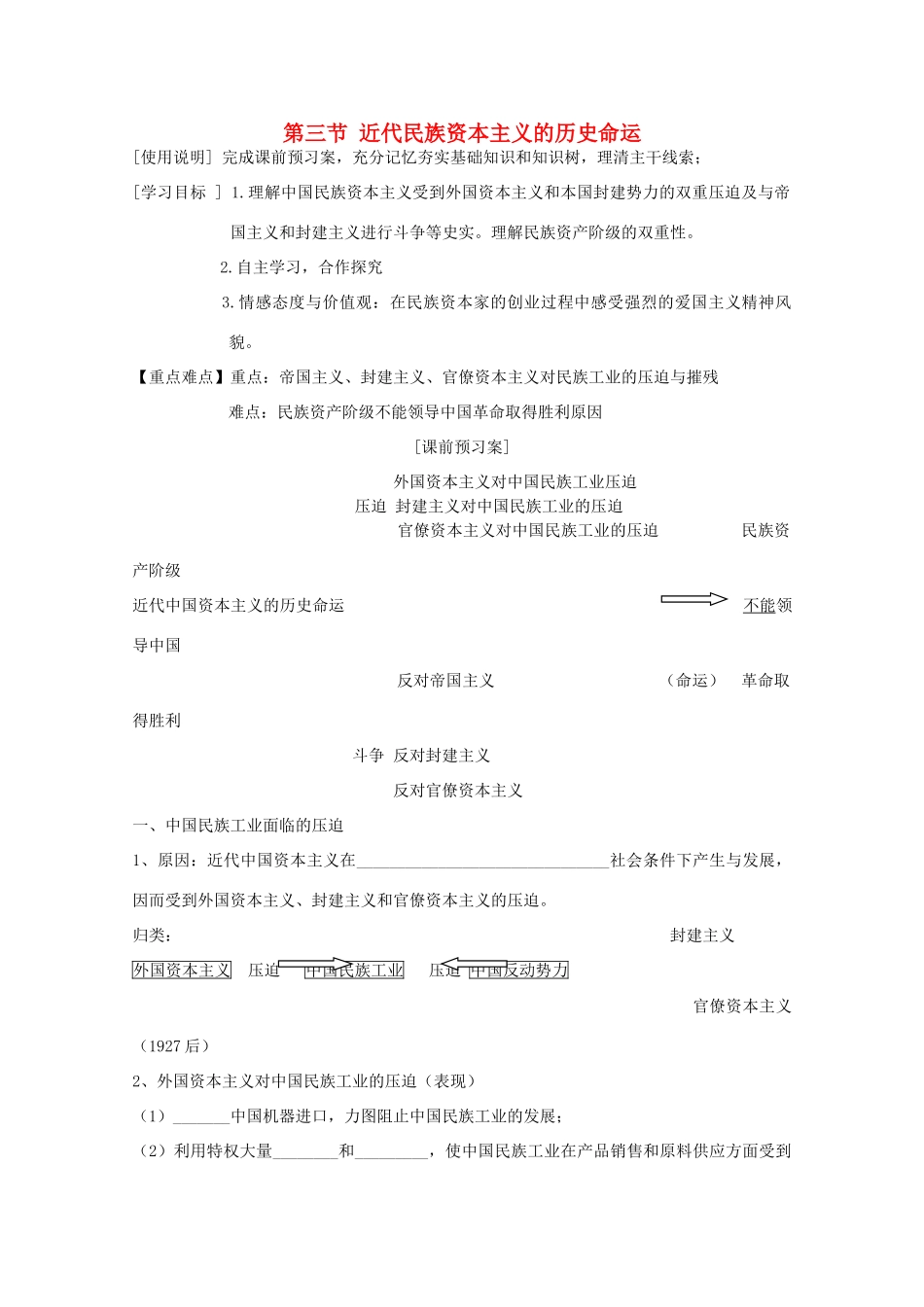 2014届高考历史一轮复习 近代中国资本主义的历史命运学案 人民版必修2_第1页