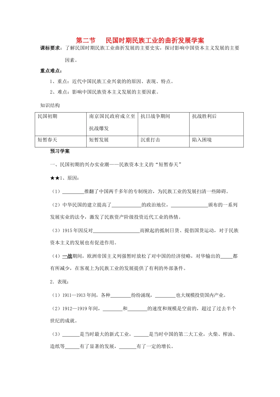 2014届高考历史一轮复习 民国时期民族工业的曲折发展学案 人民版必修2_第1页
