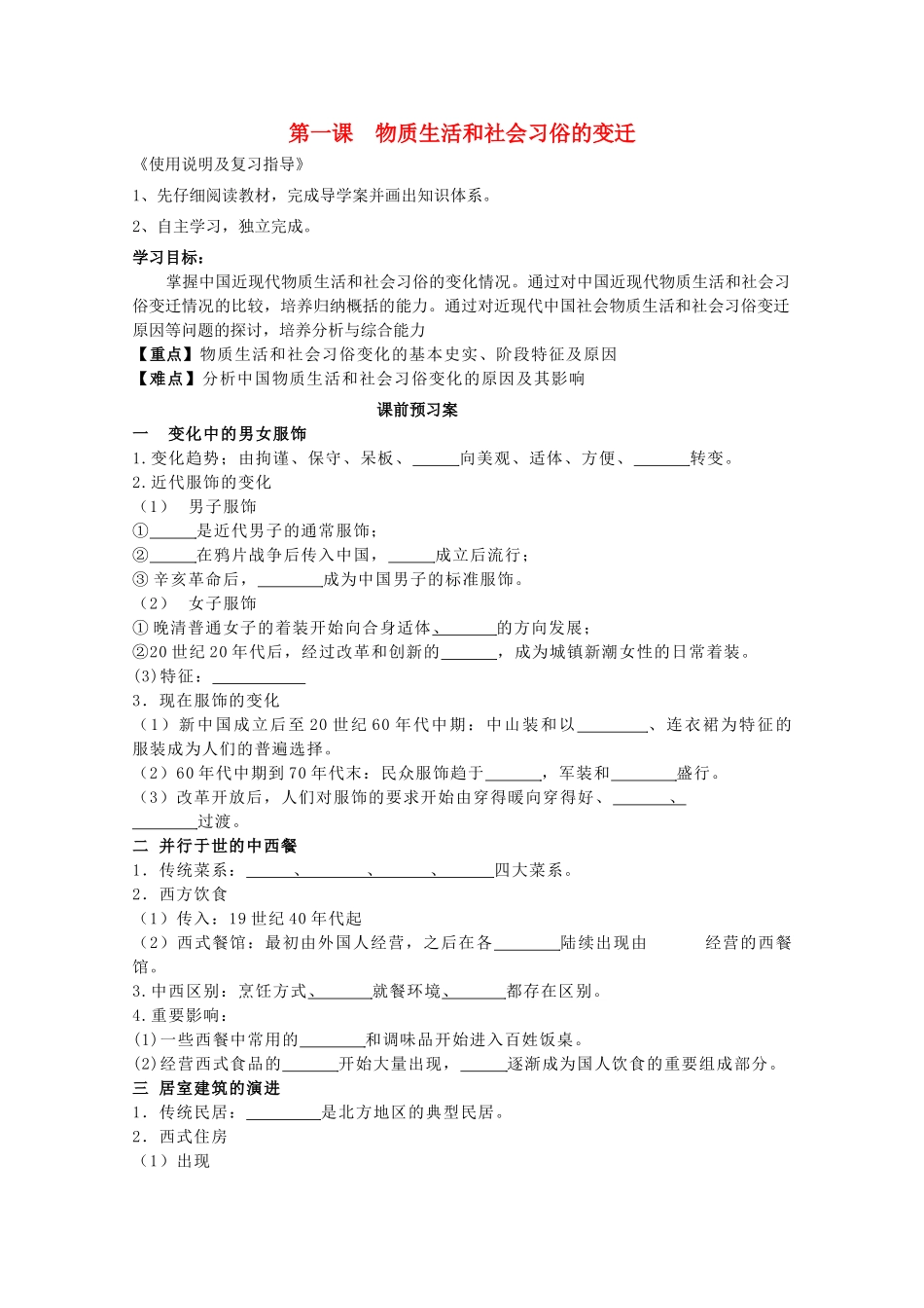 2014届高考历史一轮复习 物质生活与社会习俗的变迁学案 人民版必修2_第1页