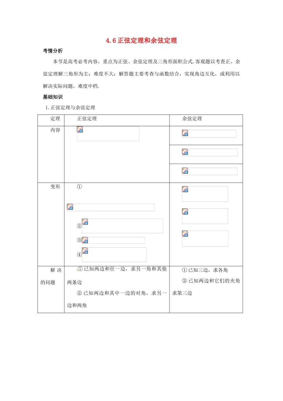 2014届高考数学一轮必备 4.6《正弦定理和余弦定理》考情分析学案_第1页