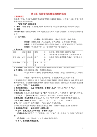 2014届高考历史一轮复习提纲 百家争鸣和儒家思想的形成 新人教版必修3