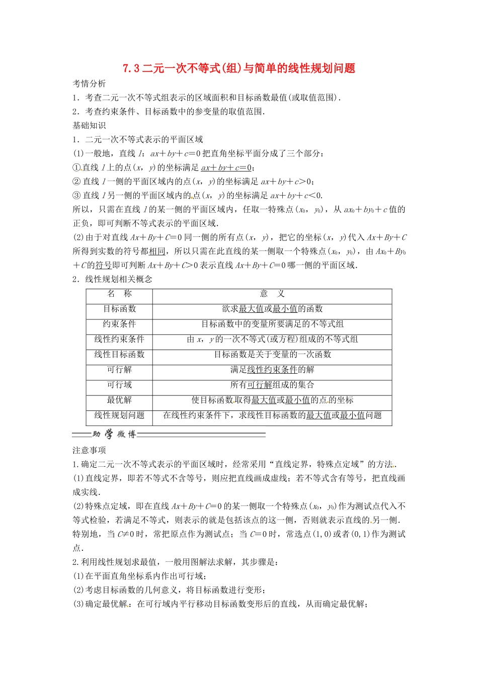 2014届高考数学一轮必备 7.3《二元一次不等式(组)与简单的线性规划问题》考情分析学案_第1页