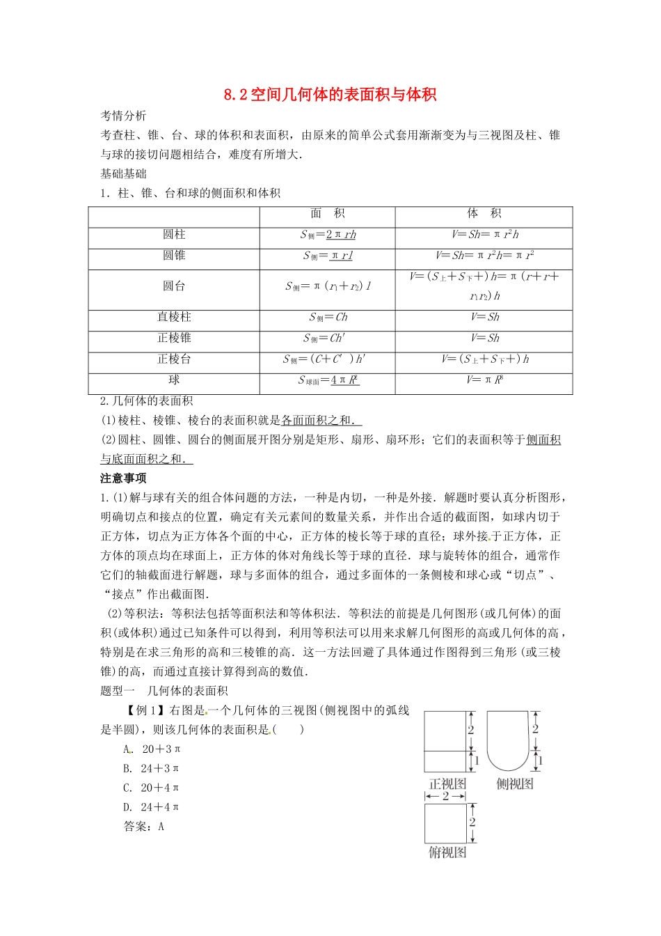 2014届高考数学一轮必备 8.2《空间几何体的表面积与体积》考情分析学案_第1页