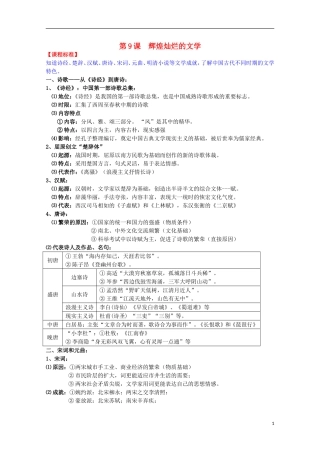 2014届高考历史一轮复习提纲 辉煌灿烂的文学 新人教版必修3