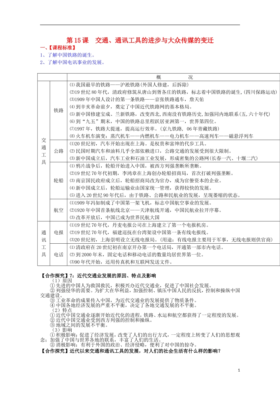 2014届高考历史一轮复习提纲 交通、通讯工具的进步与大众传媒的变迁 新人教版必修2_第1页