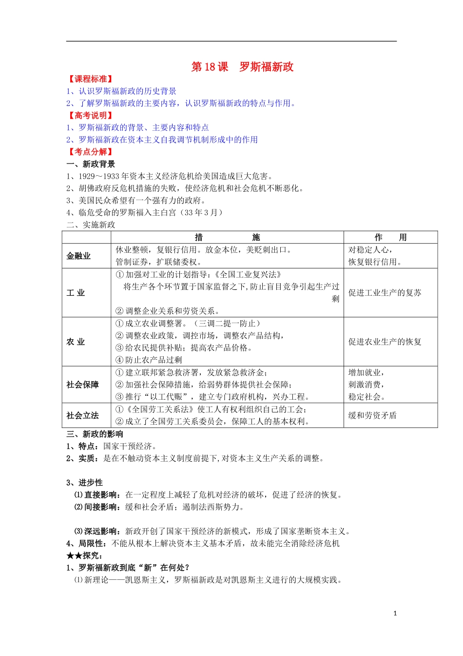 2014届高考历史一轮复习提纲 罗斯福新政 新人教版必修2_第1页