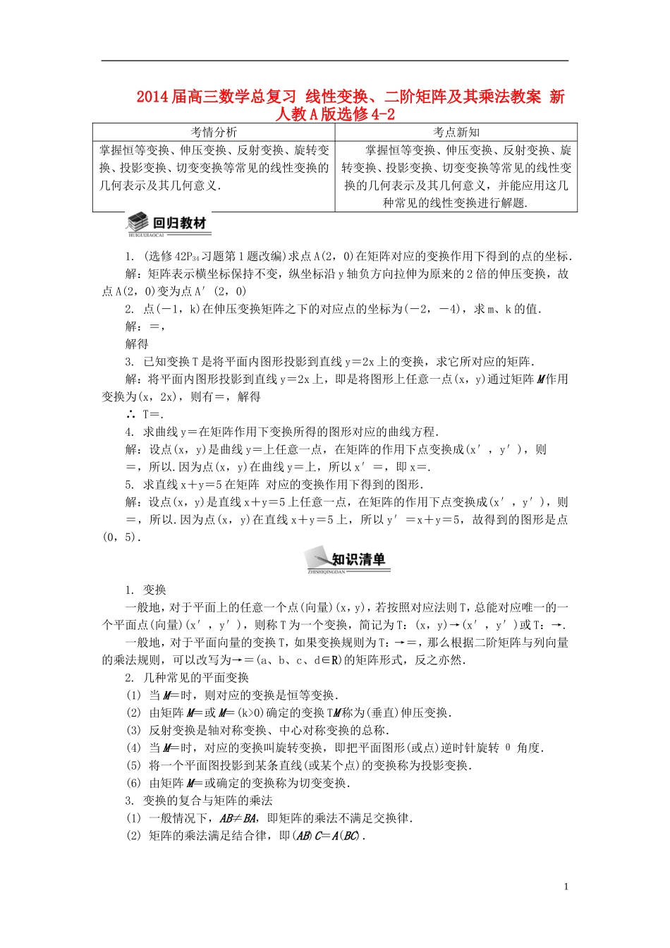 2014届高三数学总复习 线性变换、二阶矩阵及其乘法教案选修4-2 新人教A版_第1页