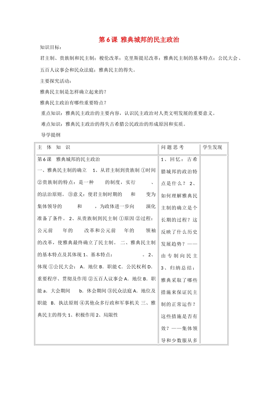 2014年高中历史 第二单元 第6课《雅典城邦的民主政治》学案 岳麓版必修1_第1页