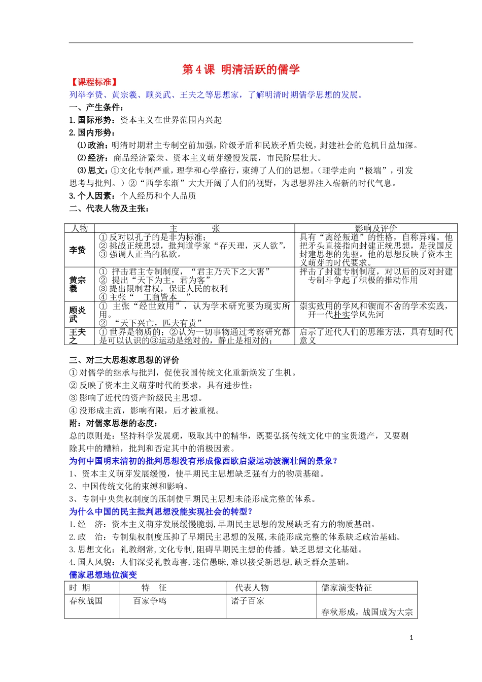 2014届高考历史一轮复习提纲 明清时期活跃的儒家思想 新人教版必修3_第1页