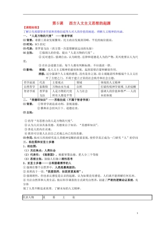 2014届高考历史一轮复习提纲 西方人文主义思想的起源 新人教版必修3