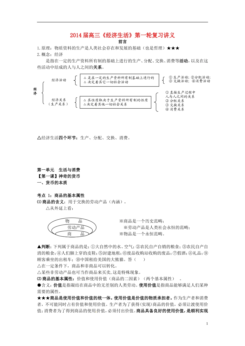 2014届高三政治第一轮复习《经济生活》讲义1 湘教版_第1页