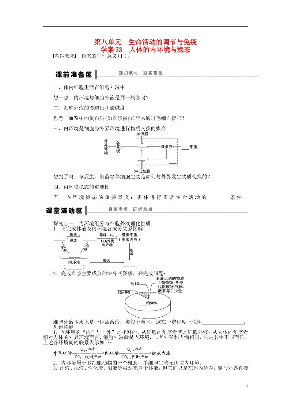 2014届高三生物大一轮复习 第八单元生命活动的调节与免疫 学案33人体的内环境与稳态_第1页