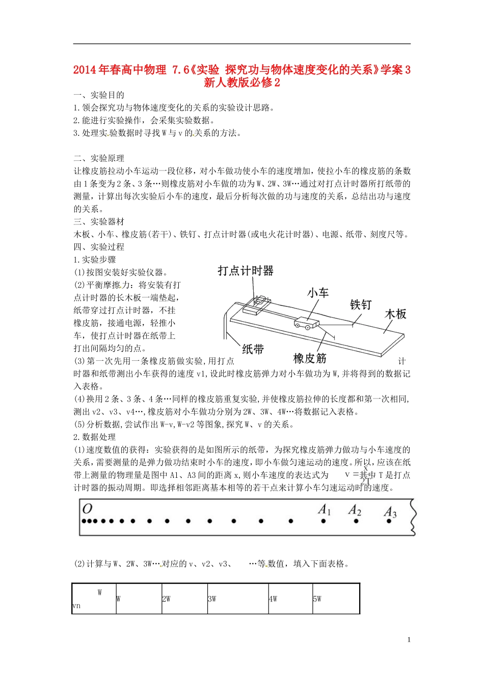 2014年春高中物理 7.6《实验 探究功与物体速度变化的关系》学案3 新人教版必修2_第1页