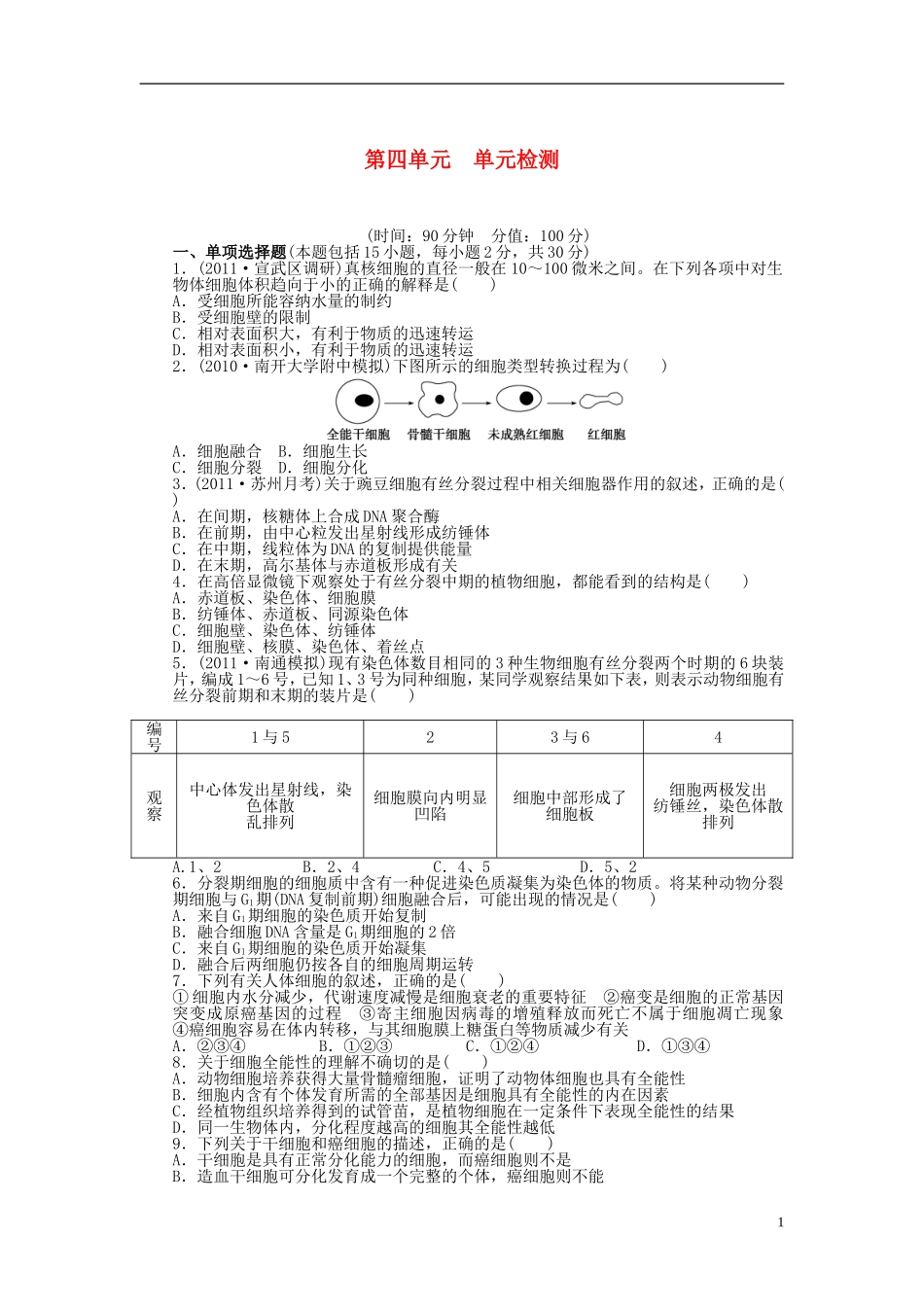 2014届高三生物大一轮复习 第四单元 单元检测_第1页