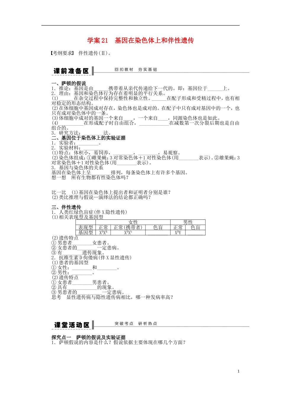 2014届高三生物大一轮复习 第五单元 学案21 基因在染色体上和伴性遗传_第1页
