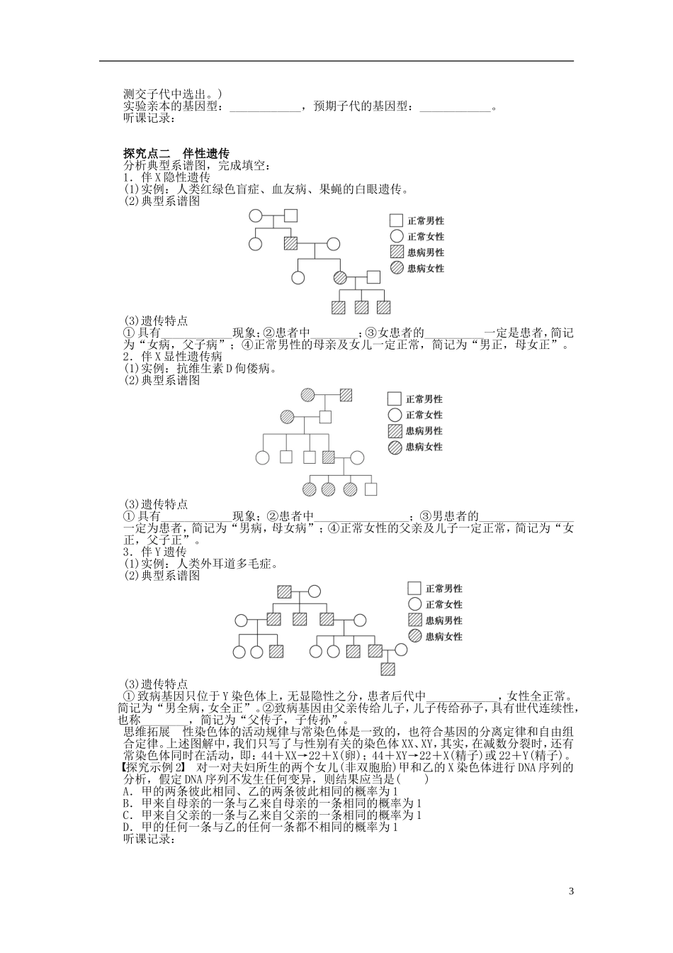 2014届高三生物大一轮复习 第五单元 学案21 基因在染色体上和伴性遗传_第3页