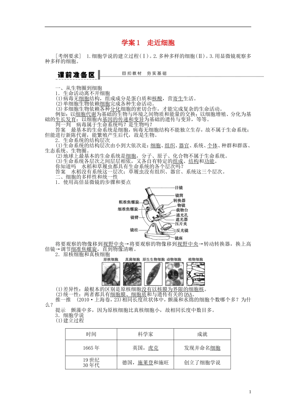 2014届高三生物大一轮复习 第一单元 学案1 走近细胞_第1页