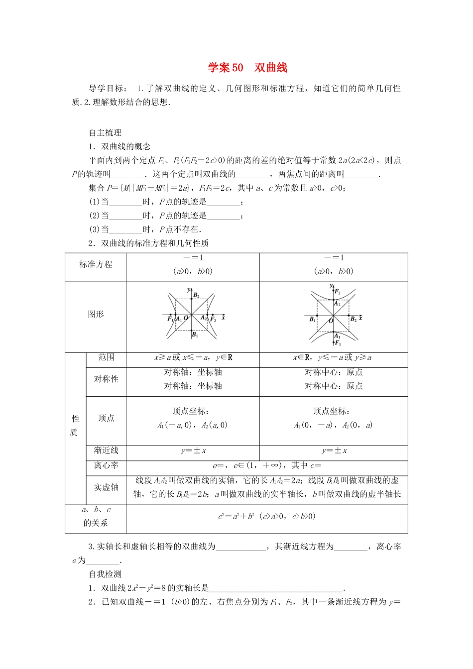 2014届高考数学一轮复习 第9章《双曲线》名师首选学案 新人教A版_第1页