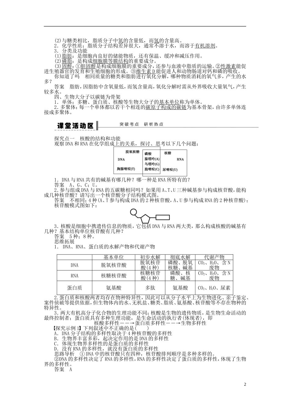 2014届高三生物大一轮复习 第一单元 学案4遗传信息的携带者 核酸细胞中的糖类和脂质_第2页