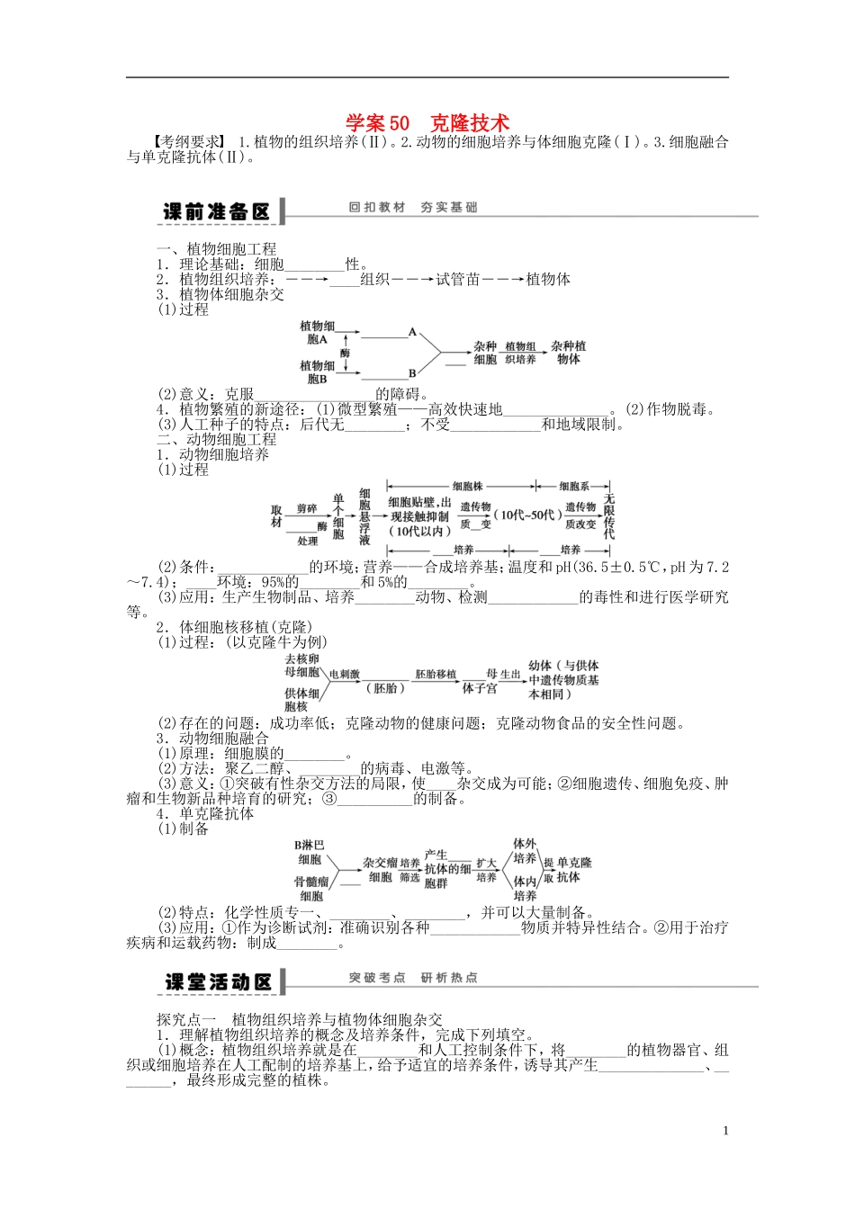 2014届高三生物大一轮复习 学案50克隆技术_第1页