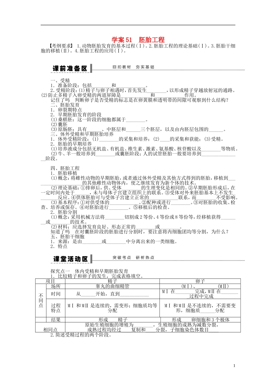 2014届高三生物大一轮复习 学案51胚胎工程_第1页