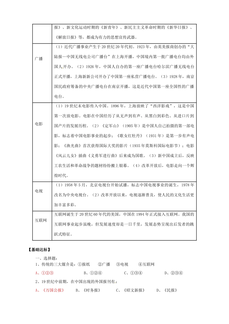 2014学年高中历史 专题五 第16课《大众传媒的变迁》导学案 新人教版必修2_第3页