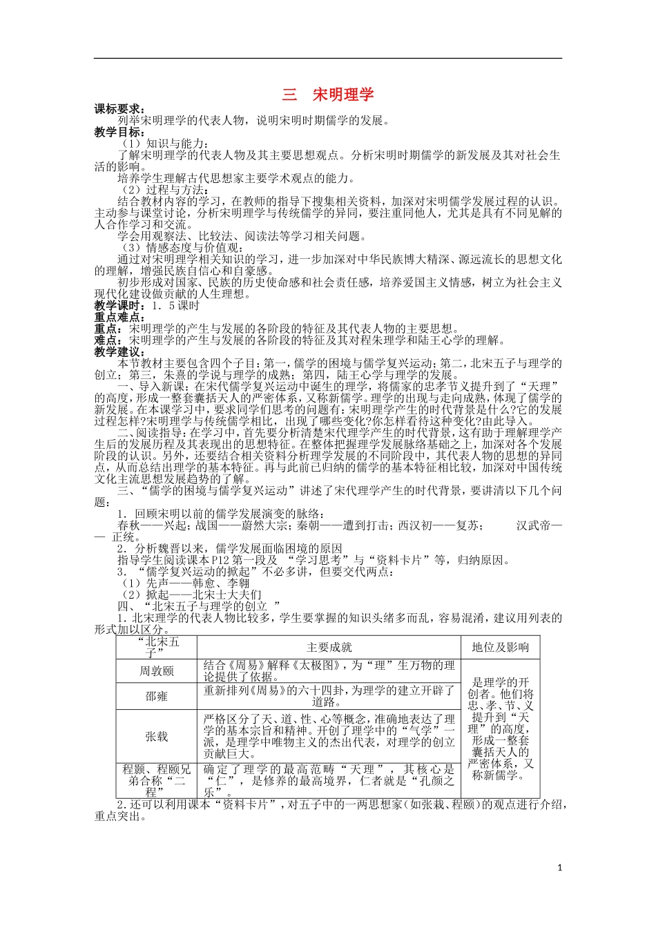 2014年高中历史 专题一 第3课《宋明理学》教案 人民版必修3_第1页