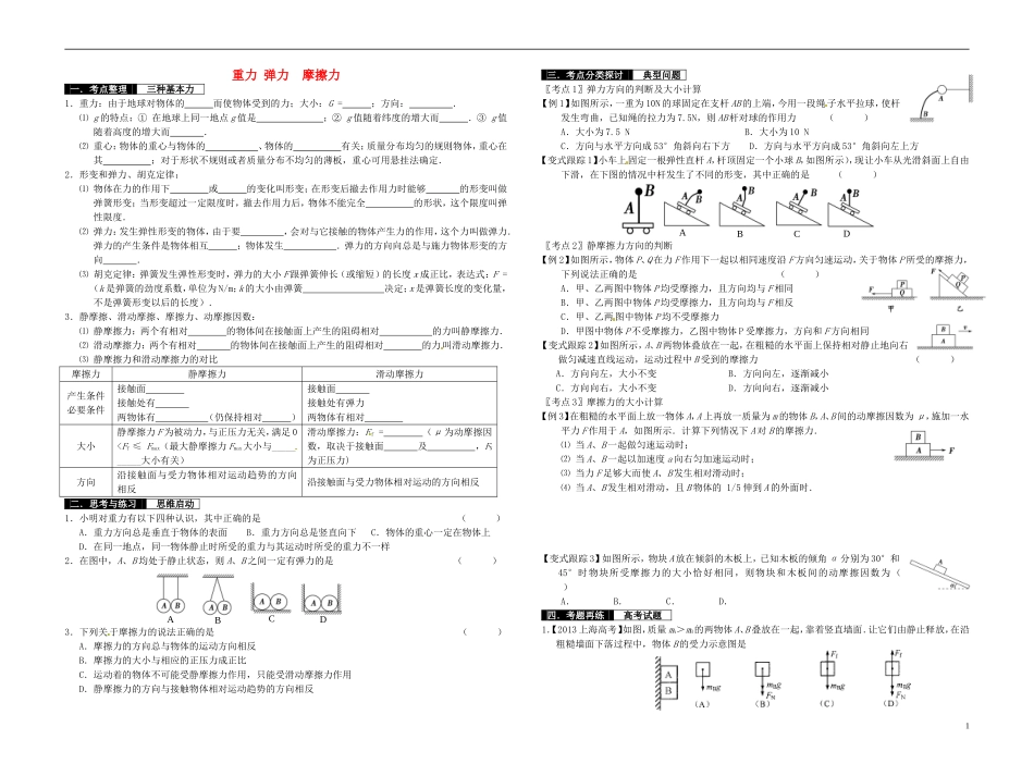 2014届高考物理一轮复习 重力 弹力 摩擦力教学案_第1页