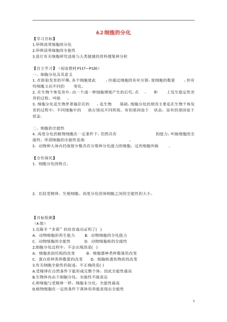 2014年秋高中生物 6.2 细胞的分化教案 新人教版必修1