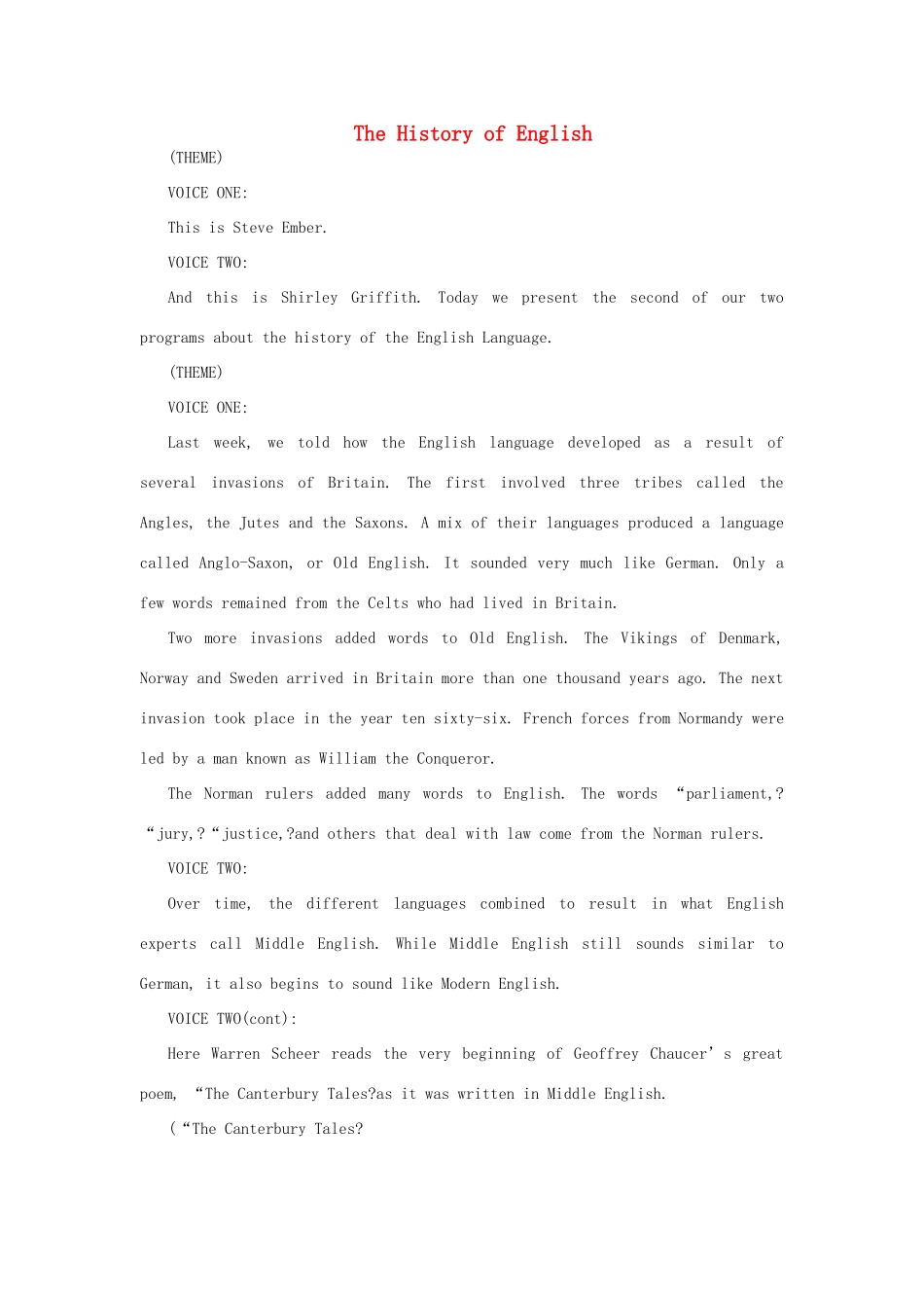 2014年秋高中英语 Module 1 British and American English The History of English素材 外研版必修5_第1页