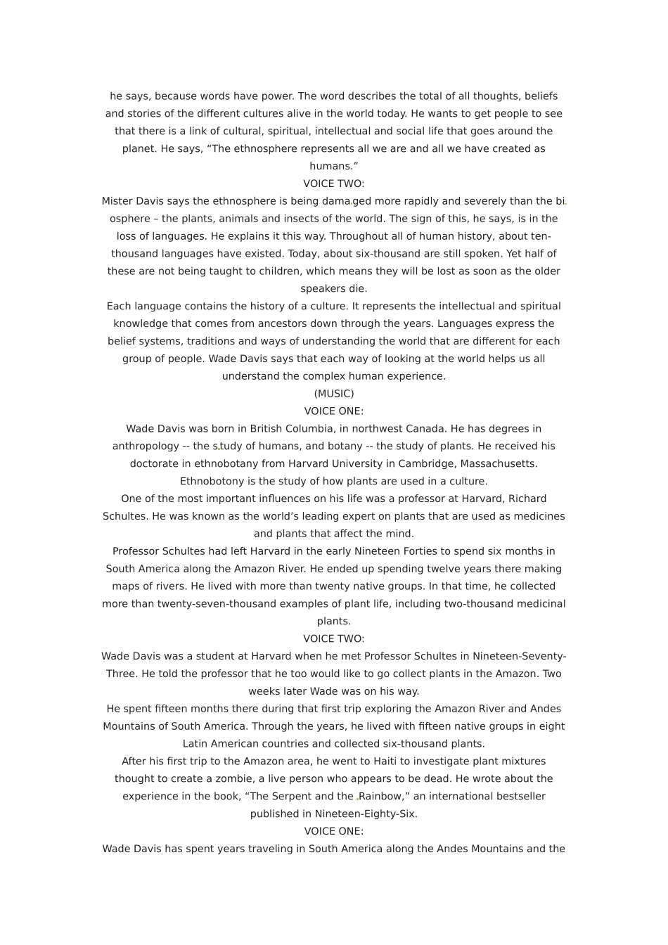 2014年秋高中英语 Module 2 A Job Worth Doing Wade Davis Scientist, Explorer and Writer素材 外研版必修5_第2页