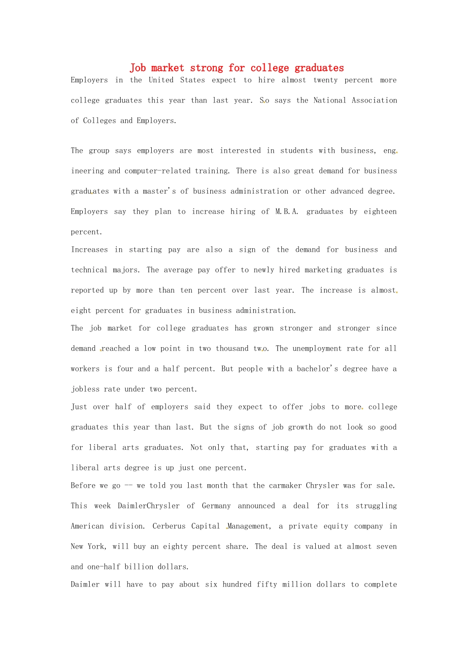 2014年秋高中英语 Module 2 A Job Worth DoingJob market strong for college graduates素材 外研版必修5_第1页