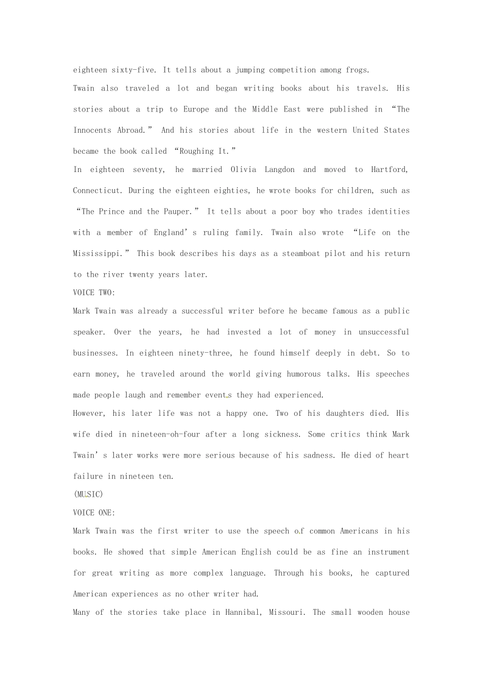 2014年秋高中英语 Module 3 Adventure in Literature and the Cinema Mark Twain One of America's Best Known and Best Loved Writers素材 外研版必修5_第2页