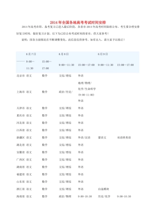 2014年全国各地高考考试时间安排